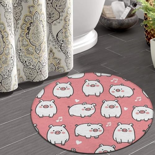Large Home Decor Mat, Soft Round Yoga Carpet, Non Slip Machine Washable Kitchen Office Circle Rug Cute Pink Pig