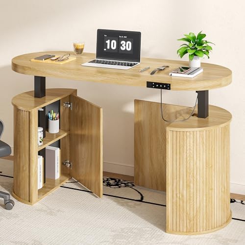 Mid Century Modern Electric Standing Desk with Storage, 55 x 22 Inch Small Sit Stand Up Desk, Wood Adjustable Height Computer Executive Desk for Home Office, Laptop, Oak
