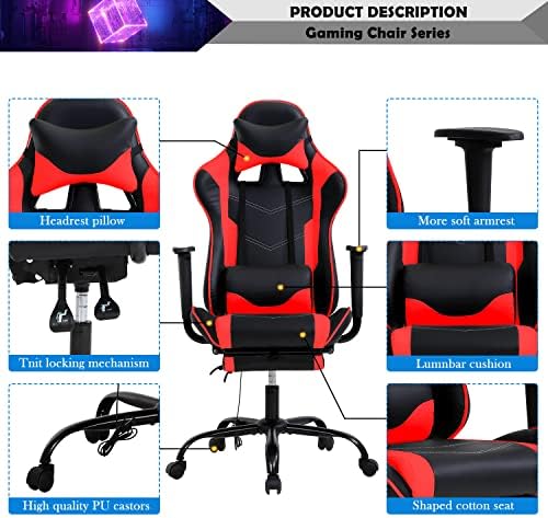 Red Massage Gaming Chair with Footrest, PU Leather Gaming Chairs for Adults, High Back Office Chair Ergonomic Desk Chair Computer Chair, Reclining Gamer Chair, Height & Backrest Adjustable, 300 Lbs