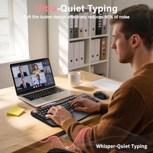 Wireless Keyboard and Mouse Combo, 2.4G Ergonomic Wave Keys(Pink-B)