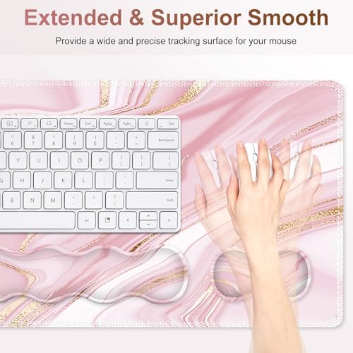Gaming Mouse Pad Keyboard Wrist Support, 4 in1 Mousepad Set with Wrist Keyboard Rest, Computer Desk Mat, Non-Slip Desk Pad Protector with Memory Foam Easy Typing Pain Relief I Pink Gold Marble