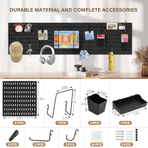 AKTOP Plastic Peg Board Wall Organizer 4-Pack, 12"x12" Pegboard Kit, Black