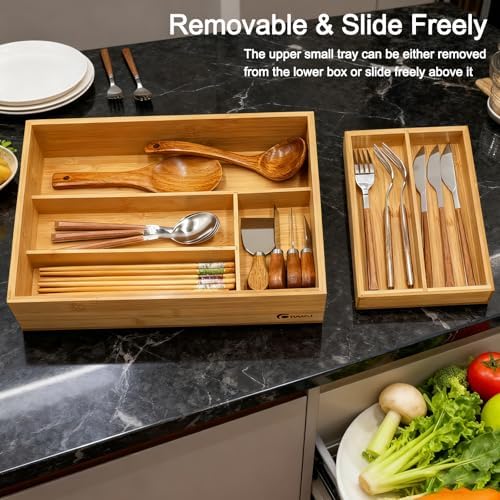 COIWAI 2-Tier Kitchen Utensil Silverware Drawer Organizer cutlery Silverware Tray Utensil Hoder,Bathroom dressing table Makeup drawer organizer box tool Stationery Cosmetics Storage Box