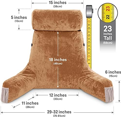 Husband Pillow Medium Reading Pillow with Arms - 23" Backrest for Sitting Up in Bed - Firm Support Bed Rest Pillow for Adults, Neck Roll, Removable Cover - TV, Reading, Lounging - Tan