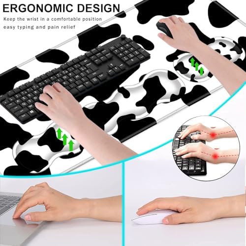 Keyboard Wrist Rest and Mouse Pad with Wrist Support Set Ergonomic Coaster,Memory Foam,Easy Typing Pain Relief,Large XL Desk Mat 31.5"x 11.8",Cow Print