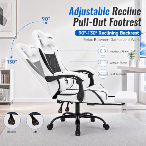 Mid Back Gaming Chair with Footrest, 90°-135° Reclining Computer Chair with Headrest and Lumbar Pillow, Linked Armrests, Height Adjustable 360° Swivel Rolling Office Chair