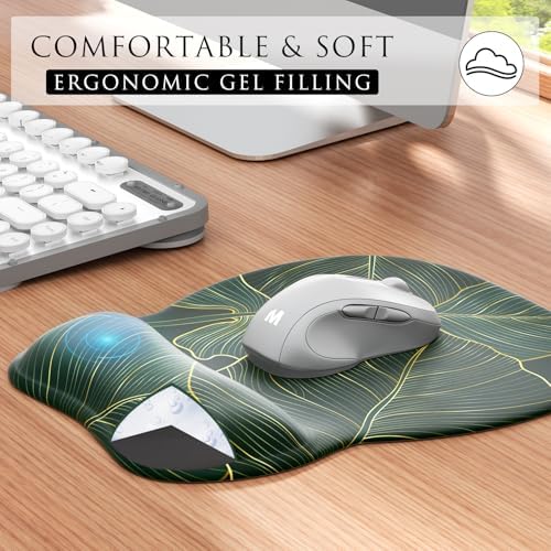 MROCO Ergonomic Mouse Pad with Gel Wrist Rest, 9.4 x 8.1 in, Green Leaves