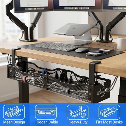 Under Desk Cable Management Tray - 25" No Drill Under Desk Cord Management with Clamp, Metal Desk Cable Organizer & Wire Management Tray for Standing Desk, Home Office Cord Organizer, Black