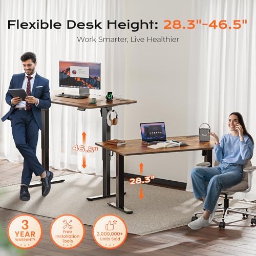 Huuger 55 x 28 Large Electric Standing Desk with 4 AC Outlets, Type-C Port, Height Adjustable Computer Desk, 27.6" Deep Desktop, Stand up Gaming Office Desk, 3 Preset Heights, Rustic Brown