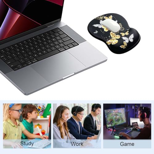 Ergonomic Mouse Pad with Gel Wrist Support, Comfortable Wrist Rest Mousepad with Non-Slip PU Base for Pain Relief, Desk, Home & Office (Golden Butterfly)