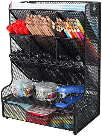 PAG-Mass Desk Organizer with Drawer Office Supplies and Accessories Storage Caddy Hanging Wall Shelf Metal Mesh Pencil Holder for Kids, 9 Compartments, Black