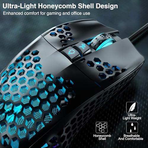 SOLAKAKA SM900 Gaming Mouse Wired with RGB,Honeycomb Shell,12800 DPI Wired Gaming Mouse with Buttons,Computer Mouse for Laptop/PC,Black