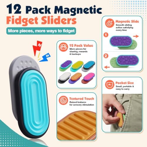 LESONG Magnetic Fidget Toys for Adults & Kids - Textured Sensory Fidget Sliders Quiet Stress Relief Toys for Autism ADHD - Magnets Fidgets for Classroom Prizes Travel Office Desk - 12 Pack