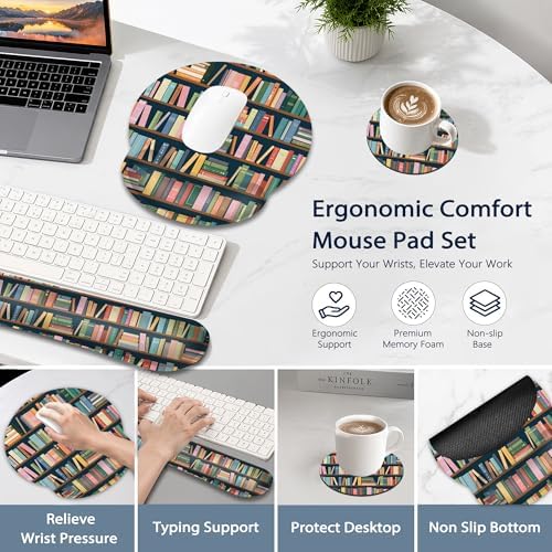 Bookshelf Ergonomic Keyboard and Mouse Wrist Rest Set, Library Book Mouse Pad with Non Slip Base, Soft Cloth Surface for Office and Home Typing Support