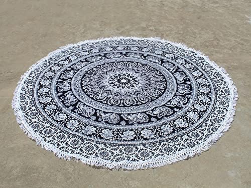 Round Beach Tapestry Turquoise Mandala Throw/Boho Hippie Beach Blanket Roundie/Indian Cotton Bohemian Large Round Table Cloth-Home Decor/Yoga Mat Meditation Picnic Rug (42", Black And WHite)