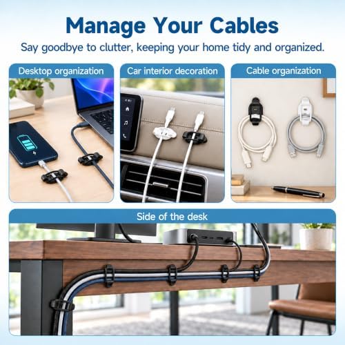 20 Sets Adjustable Cable Management Clips, Self Adhesive Cord Organizer with Elastic Loop, Reusable Cable Holder for Desk, Under Desk, Wall, TV, Office, Home, Charging Cables, USB, HDMI, PC Wires