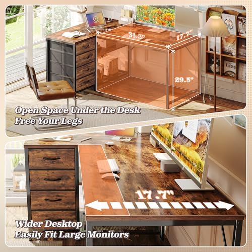 PRAISUN 43.3" Small L Shaped Desk with Power Outlets & 4 Drawers