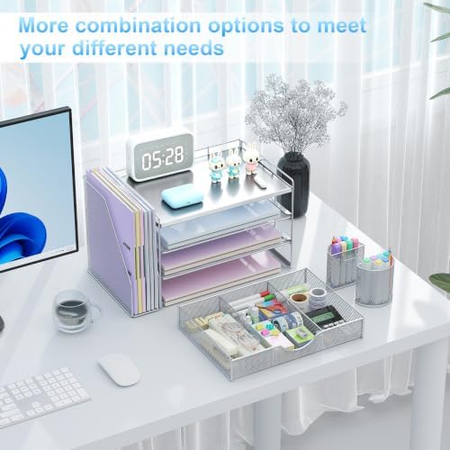 gianotter Desk Organizers and Accessories with File Holder, 4-Tier Desk Accessories & Workspace Organizers with Drawer and 2 Pen Holder, Desk Reference Organizer (Grey, 4T with Metal Drawer)
