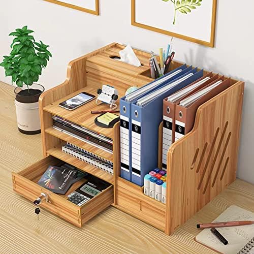 Bamboo Desk Organizer, Desktop Wood Bookshelf File Organizer, Pen Holder and Tissue Holder, 1 Drawer with lock for Office, Home, Need to Install(Cherry Wood)