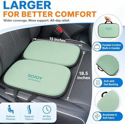 Sojoy 3-in-1 Foldable Gel Seat Cushion with Memory Foam Ergonomic Portable Cushion for Back Pain & Tailbone Relief - Perfect for Office Chair, Airplane Travel & Stadium Seats (18.5" x 15" x 2" Green)