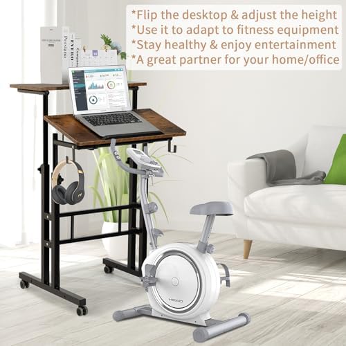 SIDUCAL Mobile Standing Desk, Portable Stand Up Desk, Small Adjustable Converter with Wheels Home Office Workstation, Rolling Laptop Cart for Sitting, Rustic Brown