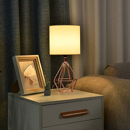 Rose Gold Bedside Table Lamp,Modern Small Desk Lamp with TC Fabric Shade Geometric Metal Base for Kids Living Room Bedroom Nightstand
