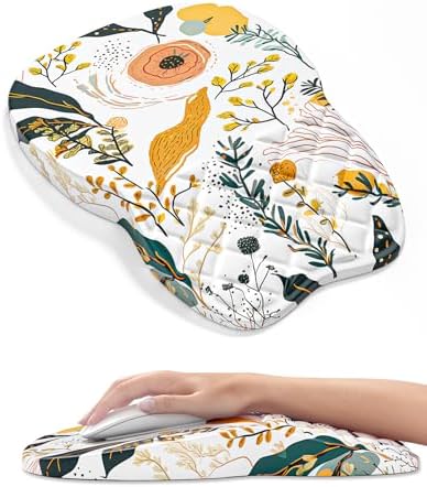 Auhoahsil Ergonomic Mouse Pad with Wrist Rest, Slope Computer Mouse Mat with Wrist Support, Memory Foam Filling, Non-Slip Silicone Base, Pain Relief, for Gaming & Work, 8 x 12 in, White Flowers