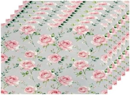 Shrahala Beautiful Flower Set of 6 12 X 18 Inch Linen Placemats, Beauty Blossom Bouquet Elegant Pastel Burlap Table Mat Washable Double Layered Heat Insulation for Indoor/Outdoor