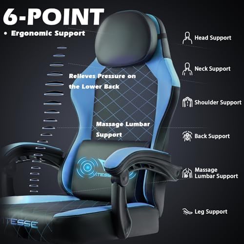 PUKAMI Gaming Chair with Footrest,Ergonomic Gamer Chair for Adults, Racing Style Reclining Computer Game Chair with Headrest and Lumbar Support (Cyan)
