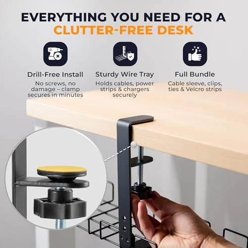 JANEX Under Desk Cable Management Tray Kit, No Drill Clamp-On Cable Organizer for Desk, Wire Cord Management Tray with Cable Sleeve, Cable Clips, Ties & Velcro Strips, Black