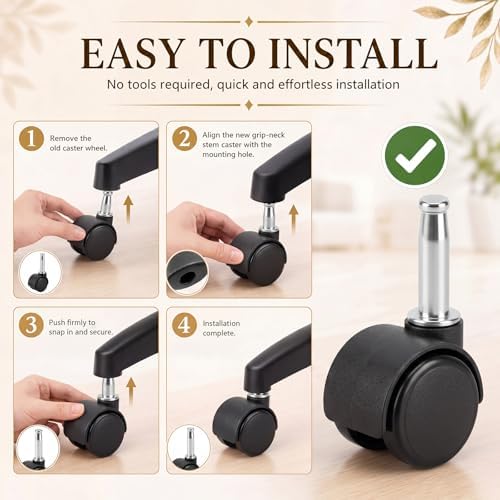 BBTO 8 Pcs 1.5 Inch M8 Swivel Stem Casters Wheels Replacement, M8 Grip Neck Stem Caster, Heavy Duty 360° Standing Desk Wheels, No Noise, Black Nylon, for Cart Furniture Table Cabinet Shelf
