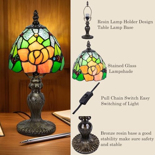 Small Tiffany Table Lamp, 3 Color-Temperature Roses Stained Glass Lamp,6 Inch Tiffany Style Lamp for Bedroom Living Room Home, Handcrafted Light, Included Bulb (Yellow)