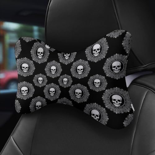 2 Pcs Comfortable Car Neck Pillow Black Skull Vintage Travel Headrest Support for Driving Airplane Home Resting