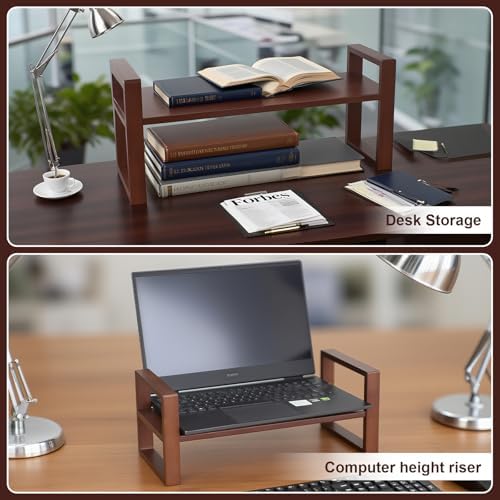 Desk Shelf, 100% Solid Wood Adjustable Desktop Bookshelf, No Tools or Nails Required Retro Tabletop Bookshelf, 130lb Load Capacity for Living Room, Office, for Books, Cookbooks, Walnut Colour
