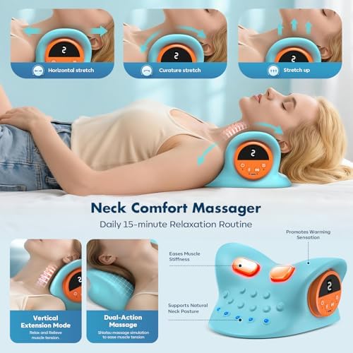 Neck Massager 2026 360° Remote Control Neck Massager Pillow with Multi-Directional Stretch, 3 Heat & 3 Vibration Modes for Relaxation,Ergonomic Support at Home,Office,Travel，‌Baby Blue‌