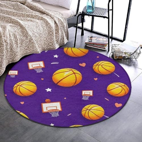 Soft Round Yoga Carpet, Office Chair Decor Round Mat for Carpet and Hardwood Floors Basketball Purple
