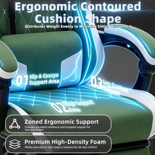 Gaming Chair for Adults, Fabric Gaming Chair with Footrest and Pocket Spring Cushion, Ergonomic Gamer Chair with Lumbar Support, Reclining Computer Gaming Chair with High Back, Dark Green