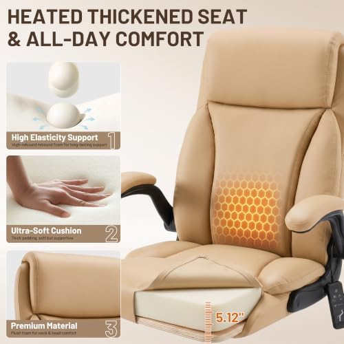 Heated Office Chair, Reclining Desk Chair with Constant Warm Heat, Big and Tall Executive PU Leather Chairs for Heavy People, Ergonomic Wider & Thicker Seat Cushion Gaming Chairs (Khaki)