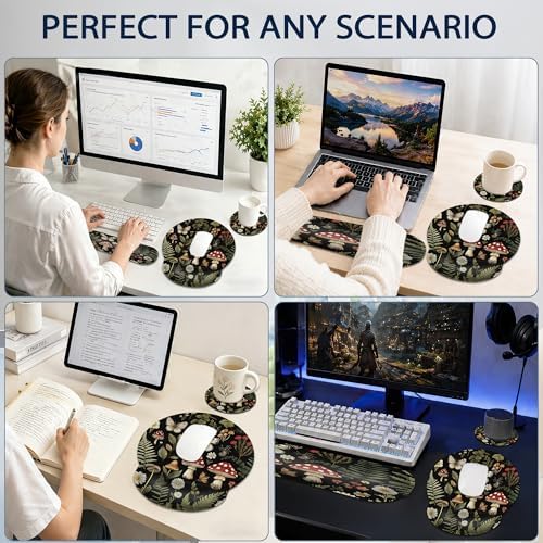Mushroom Ergonomic Memory Foam Wrist Rest Set for Keyboard and Mouse,Butterfly Flowers Herbs Supportive Mouse Pad with Non Slip Base for Office Work and Gaming