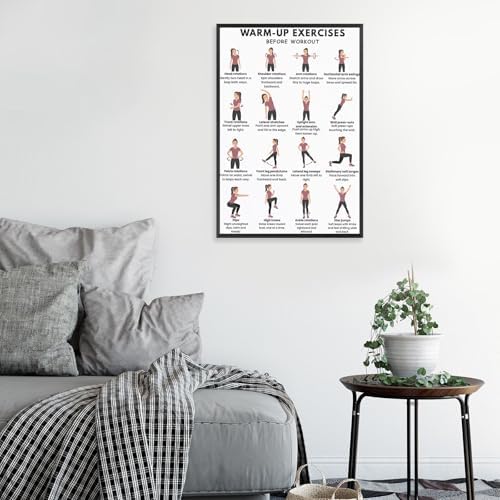 Pre-Workout Warm-Up Exercise Poster, 16 Illustrated Full-Body Prep Movement Chart, Bodyweight Joint Loosening Reference to Prevent Strains Before Home & Gym Fitness Training Sessions(24x36inchs，Black Framed)