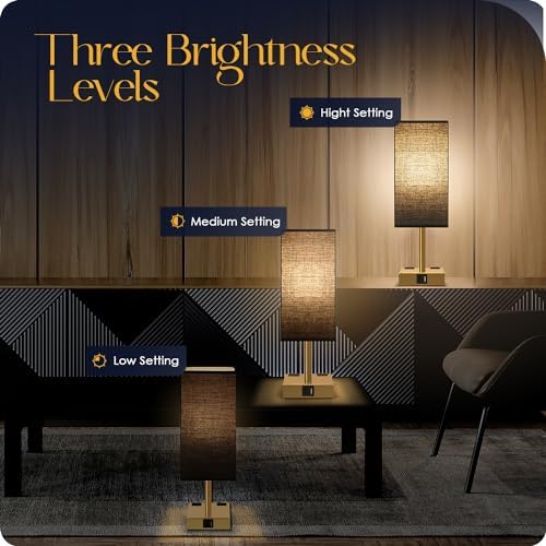 Bedside Lamp with USB Ports - Touch Control Table Lamp for Bedroom with USB C+A Charging Ports & AC Outlets, 3 Way Dimmable Nightstand Light for Living Room (LED Bulb Included, Brass - Black)