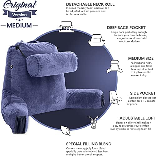 Husband Pillow Medium Reading Pillow with Arms - 23" Backrest for Sitting Up in Bed - Firm Support Bed Rest Pillow for Adults, Neck Roll, Removable Cover - TV, Reading, Lounging - Dark Blue