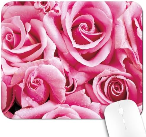 9.5x7.9 Inch Office/Gaming Mouse Pad, Romantic Pink Roses with Dew Drops Fresh Flowers Floral Bouquet, Cute Anti-Slip Mat for Desk Decor