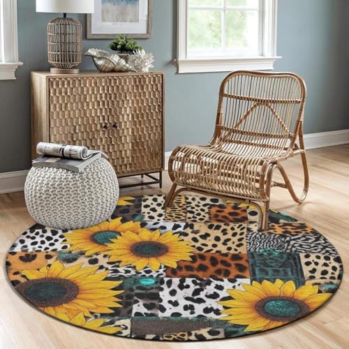 Machine Washable Modern Round Area Rug, Room Sofa Yoga Soft Round Carpet, Home Decor Non Slip Kitchen Office Circle Rug Retro Sunflowers Animal Leopard Print Art, 24inch