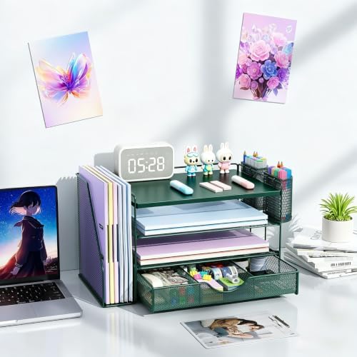 gianotter Desk Organizers and Accessories with File Holder, 4-Tier Desk Accessories & Workspace Organizers with Drawer and 2 Pen Holder, Desk Reference Organizer (Green, 4T with Metal Drawer)