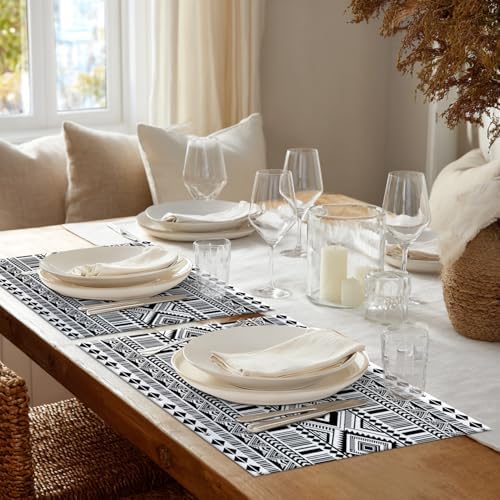 Shrahala White Boho Triangle Placemats, Black Geometric Bohemian Table Mat Linen Burlap Washable Double-Deck Heat Insulation for Dining Table Kitchen Table Set of 4 (12 x 16 inch)