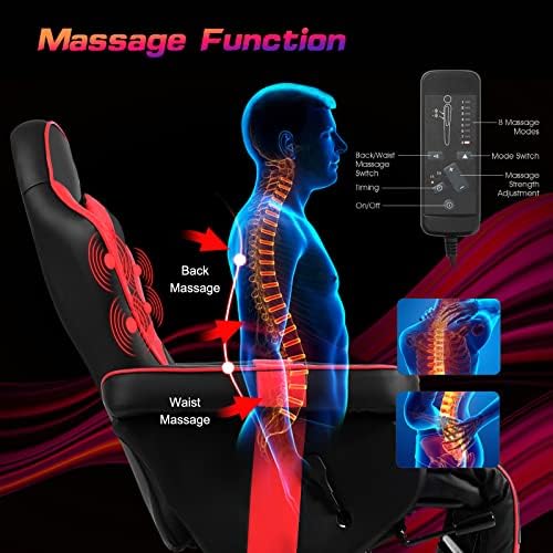 GYMAX Gaming Chair with Footrest, Massage Video Game Chairs for Adults with Remote, Adjustable Backrest, Headrest, Cup Holder & Side Pocket, Ergonomic High Back Office Computer Chair (Red)