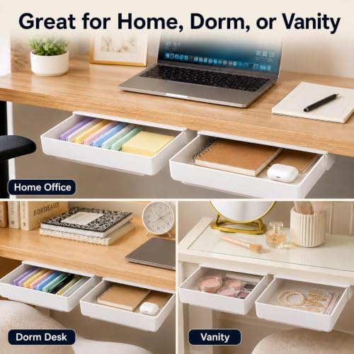 Under Desk Drawer, 2 Pack Self Adhesive Slide Out Desk Storage Drawers