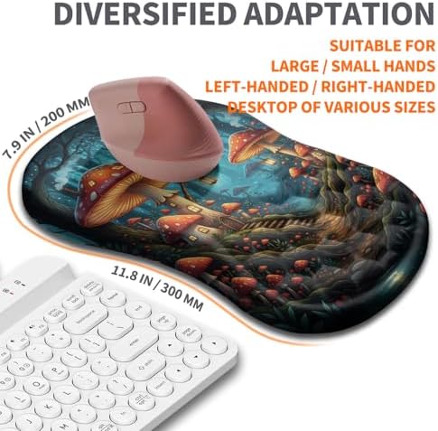Ergonomic Joint Wrist Support Mouse Pad with Memory Foam Cushion Massage Bump, Carpal Tunnel Pain Relief Mousepad Slope Design for Wrist Rest, 11.8x7.9 in, Mushroom