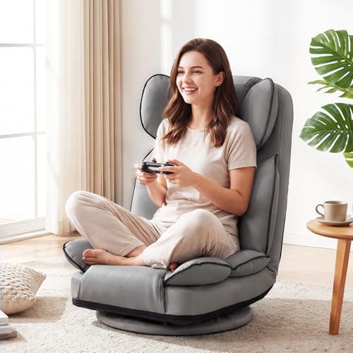 GIANTEX 360° Swivel Floor Gaming Chair, Folding Lazy Lounger Couch (Grey)
